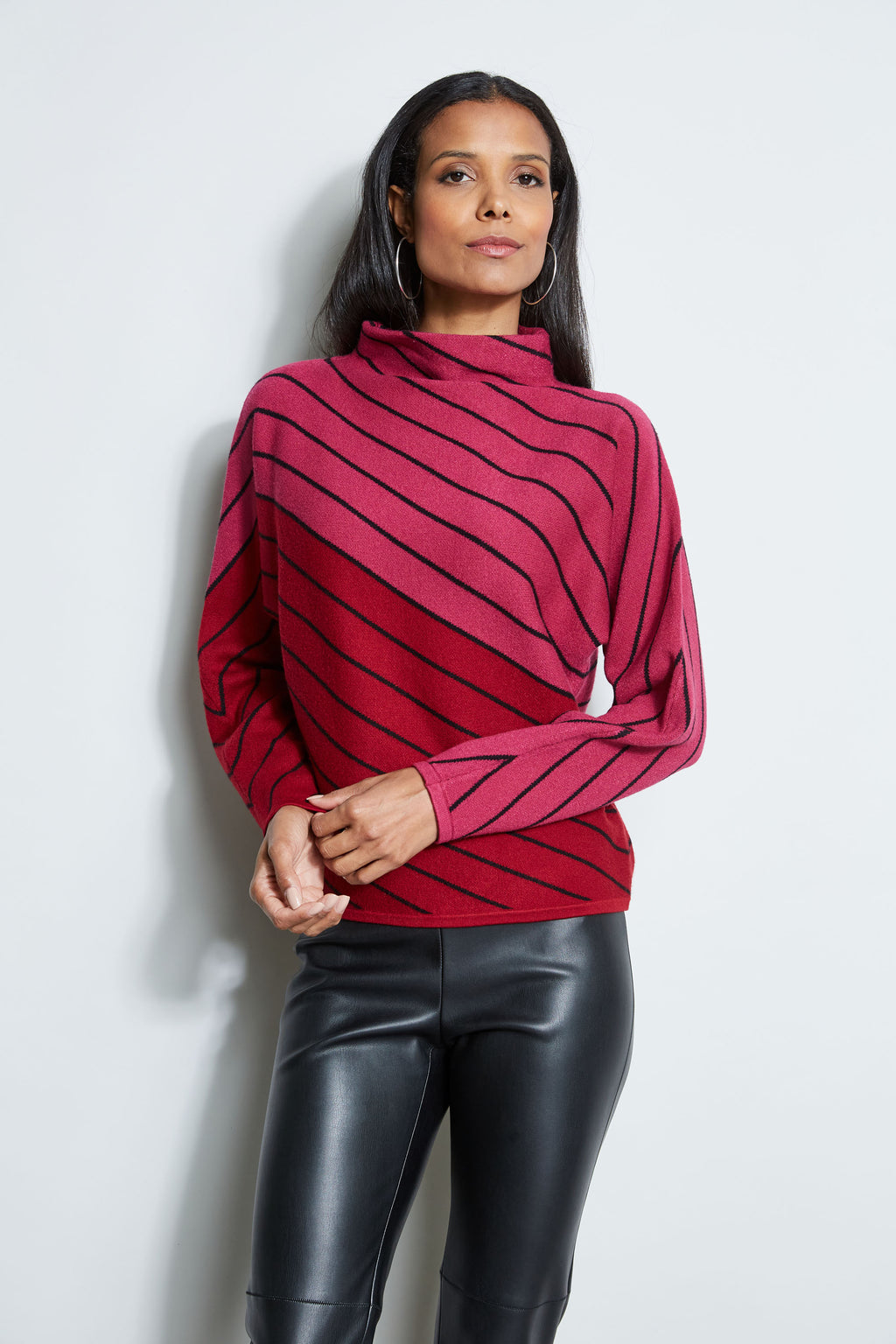 Black And Red Color Block Turtleneck Sweater