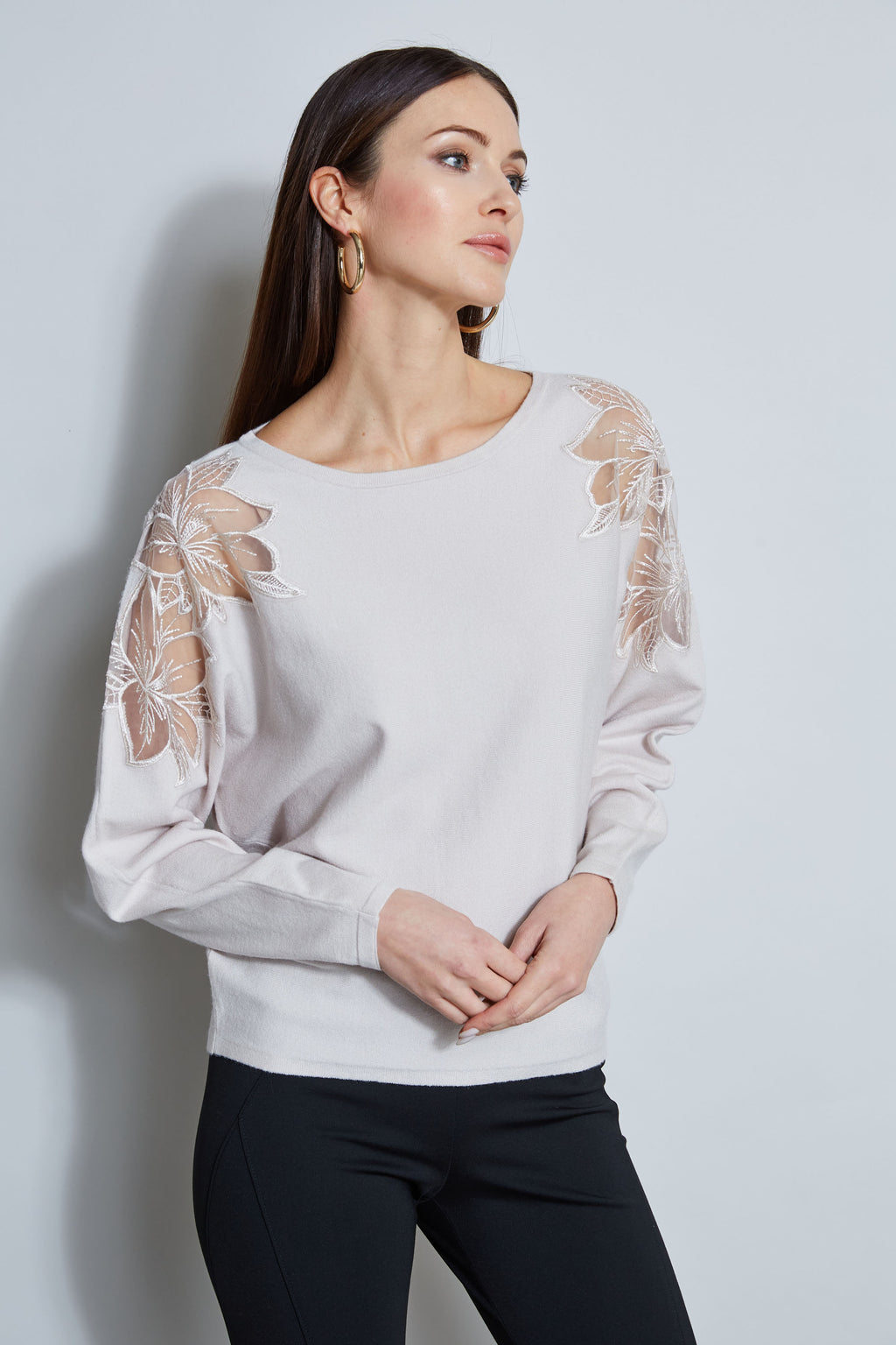 T-Tahari Floral Mesh Shoulder Sweater – Elie Tahari