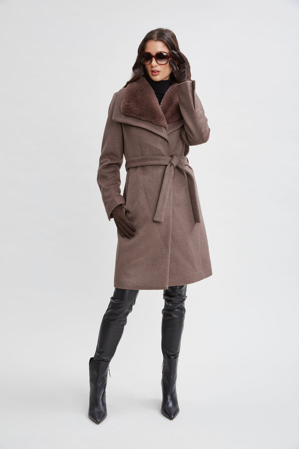 Faux Fur Collar Wool Wrap Coat