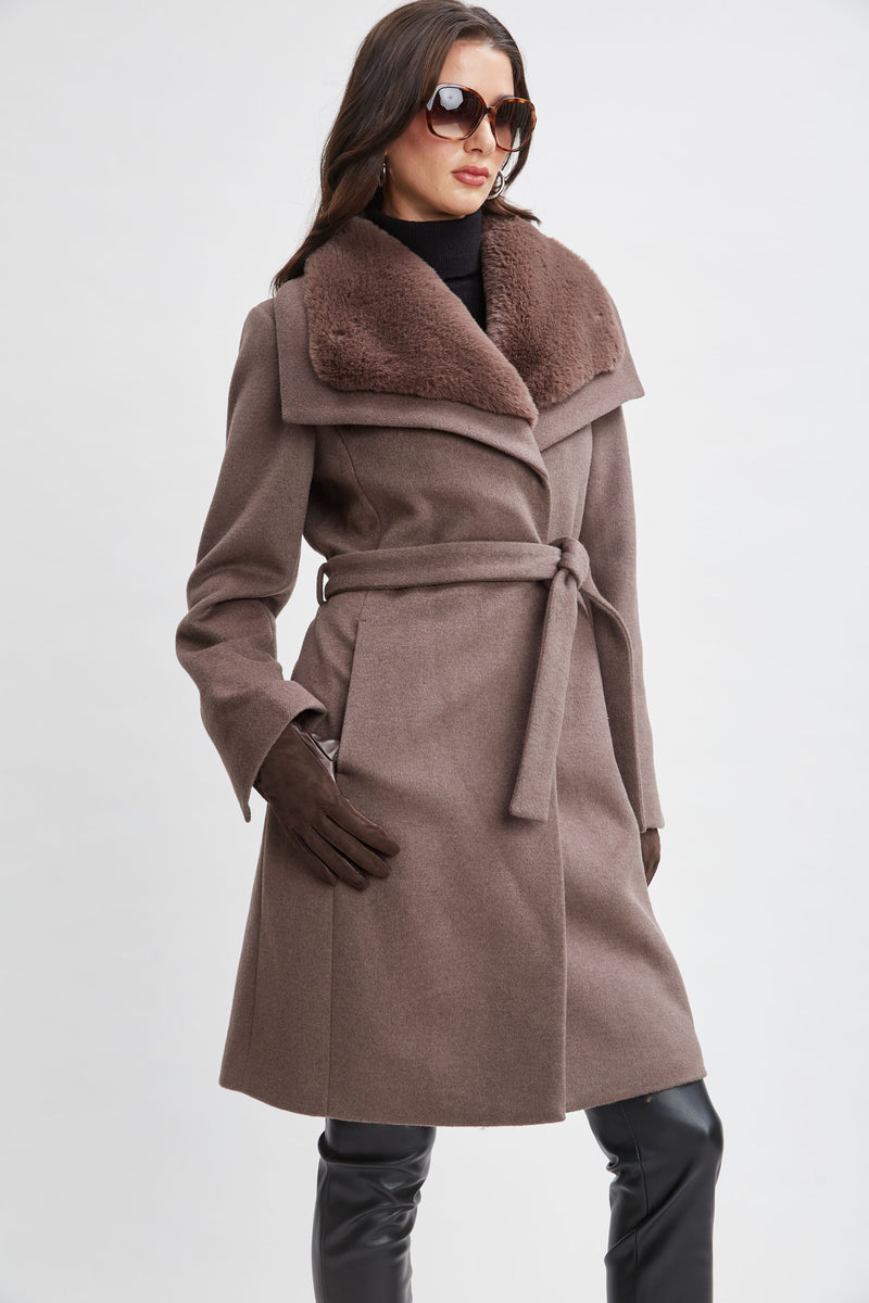 Faux Fur Collar Wool Wrap Coat