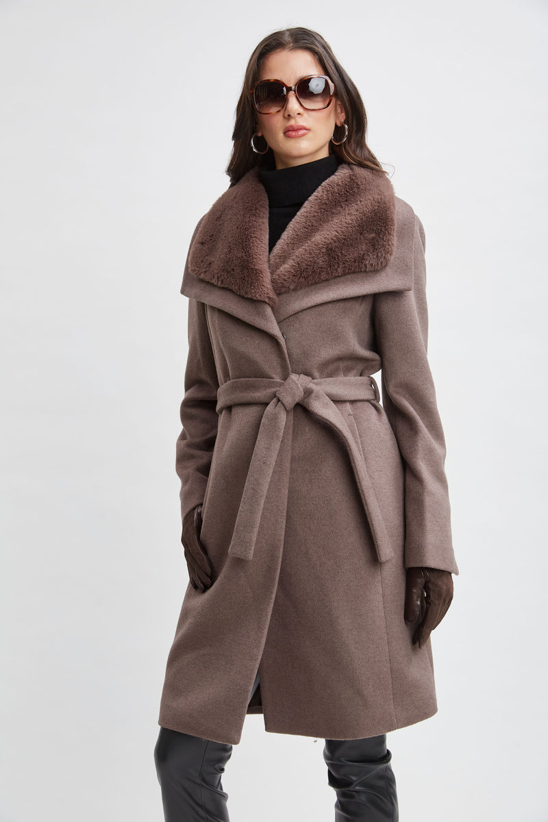 Faux Fur Collar Wool Wrap Coat