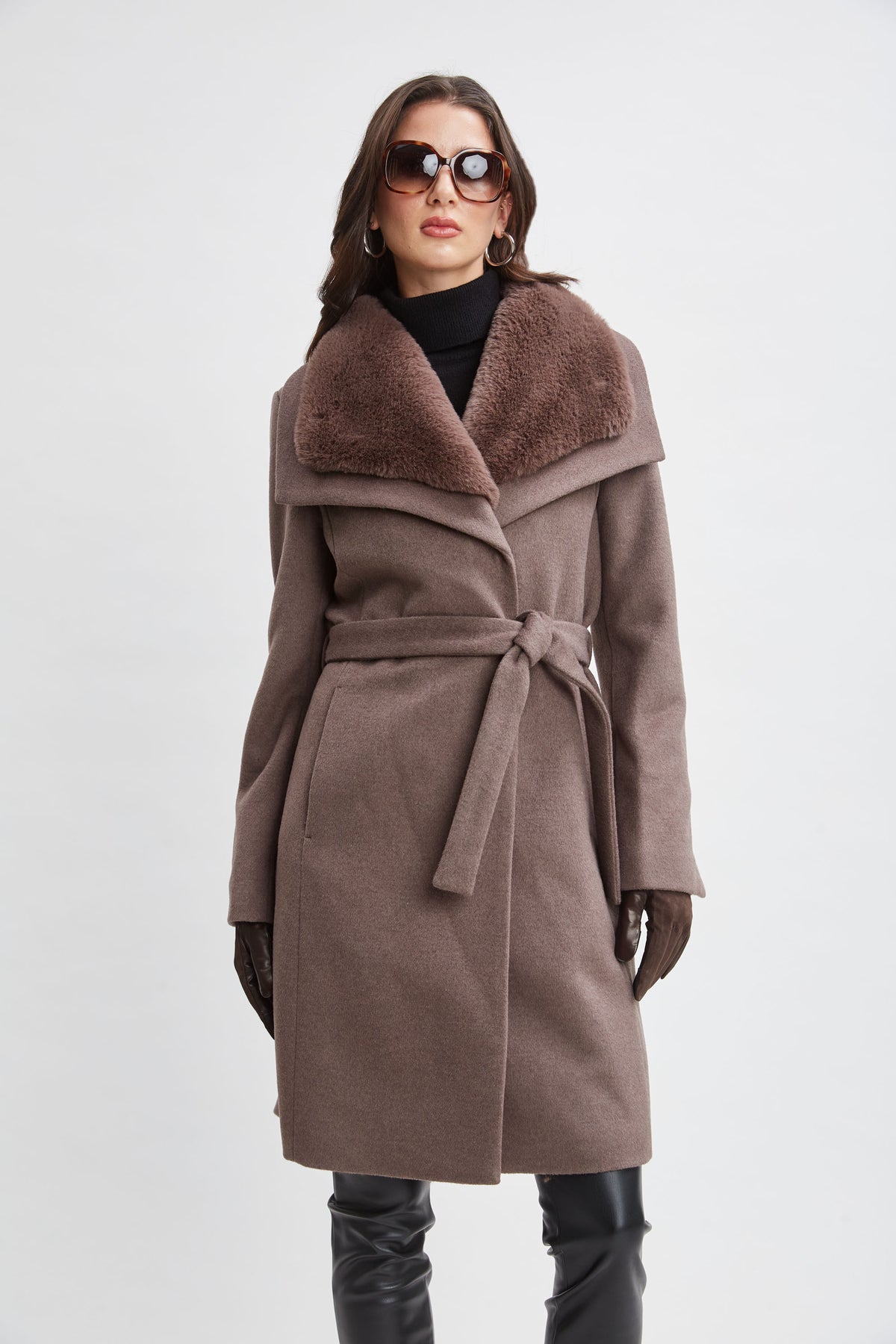 Faux Fur Collar Wool Wrap Coat Elie Tahari