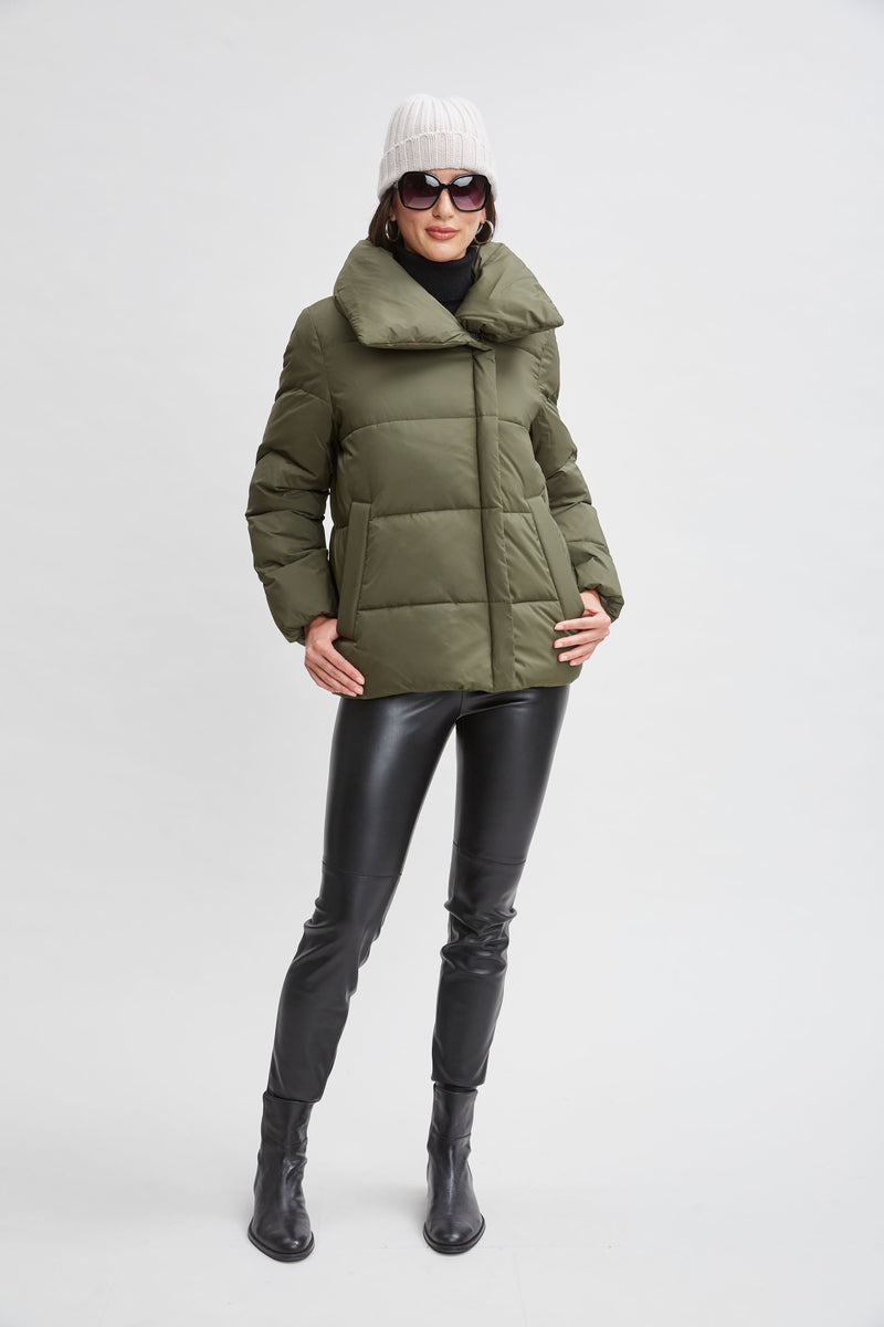 Tahari Asymmetric Short Puffer Coat