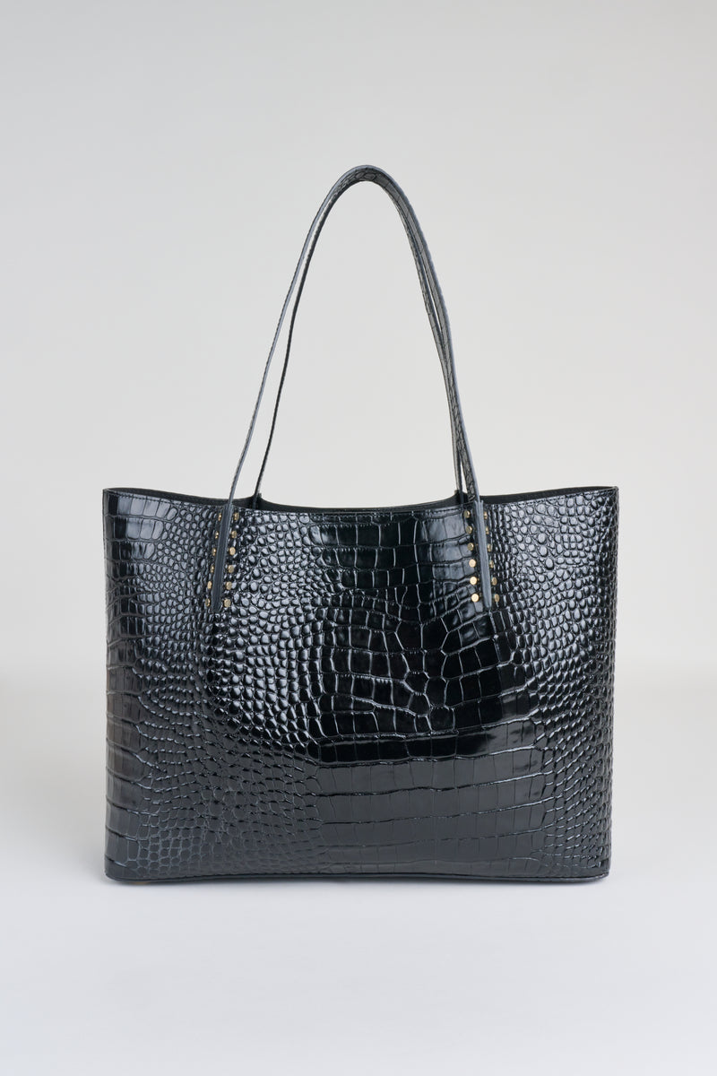 Crocodile Embossed Shoulder Tote Bag Elegant Black With Inner