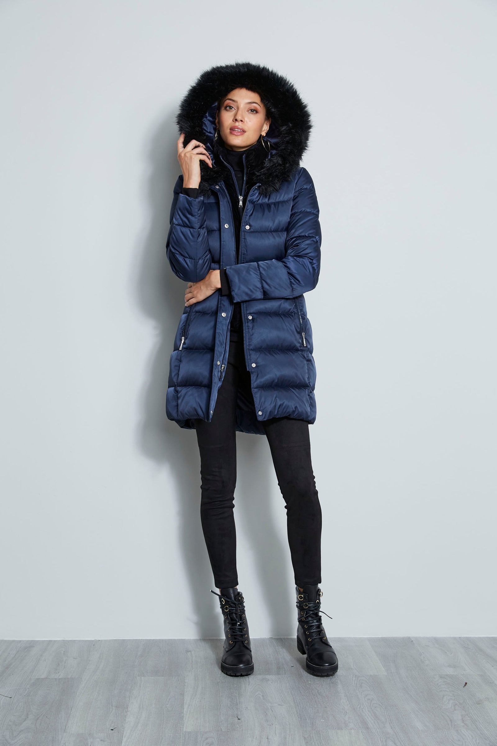 Blue puffer jacket with fur hood on sale