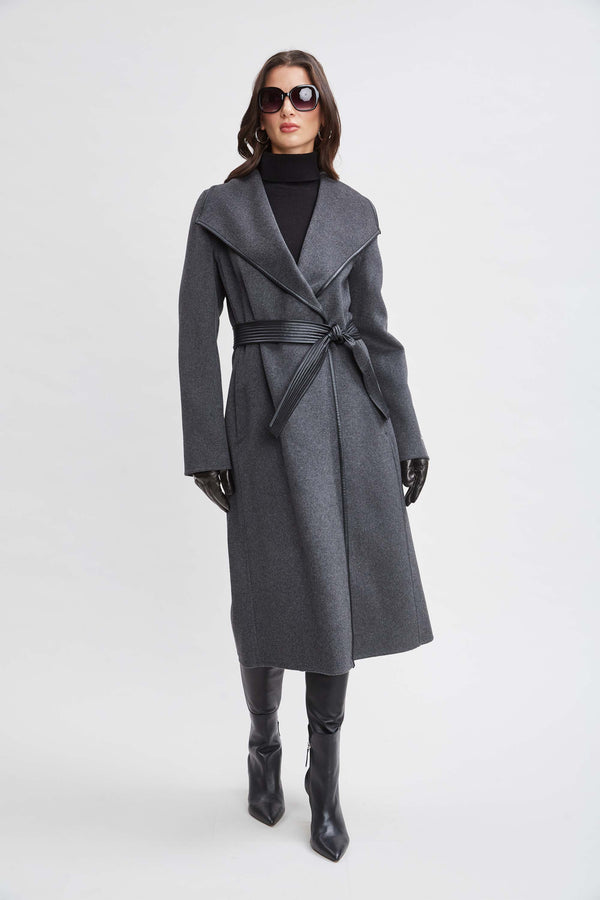 Tahari Double Face Wool Vegan Leather Trim Coat