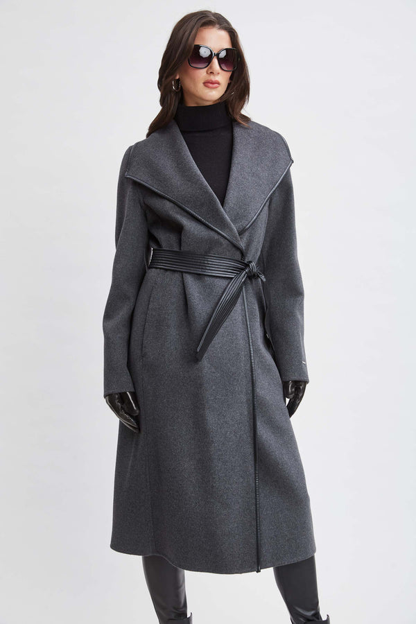 Tahari Double Face Wool Vegan Leather Trim Coat