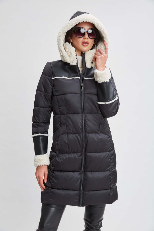 Tahari Shearling Trim Puffer Coat