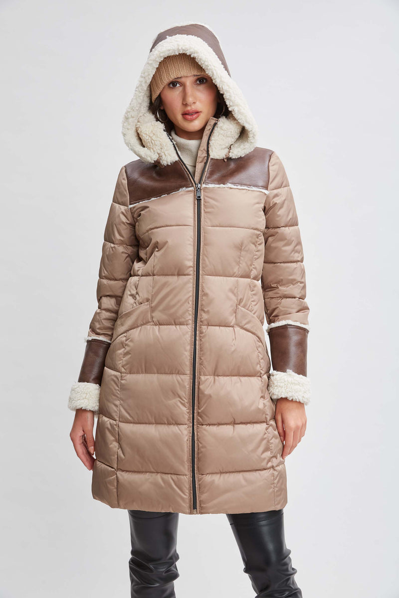 Tahari Shearling Trim Puffer Coat