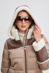 Tahari Shearling Trim Puffer Coat