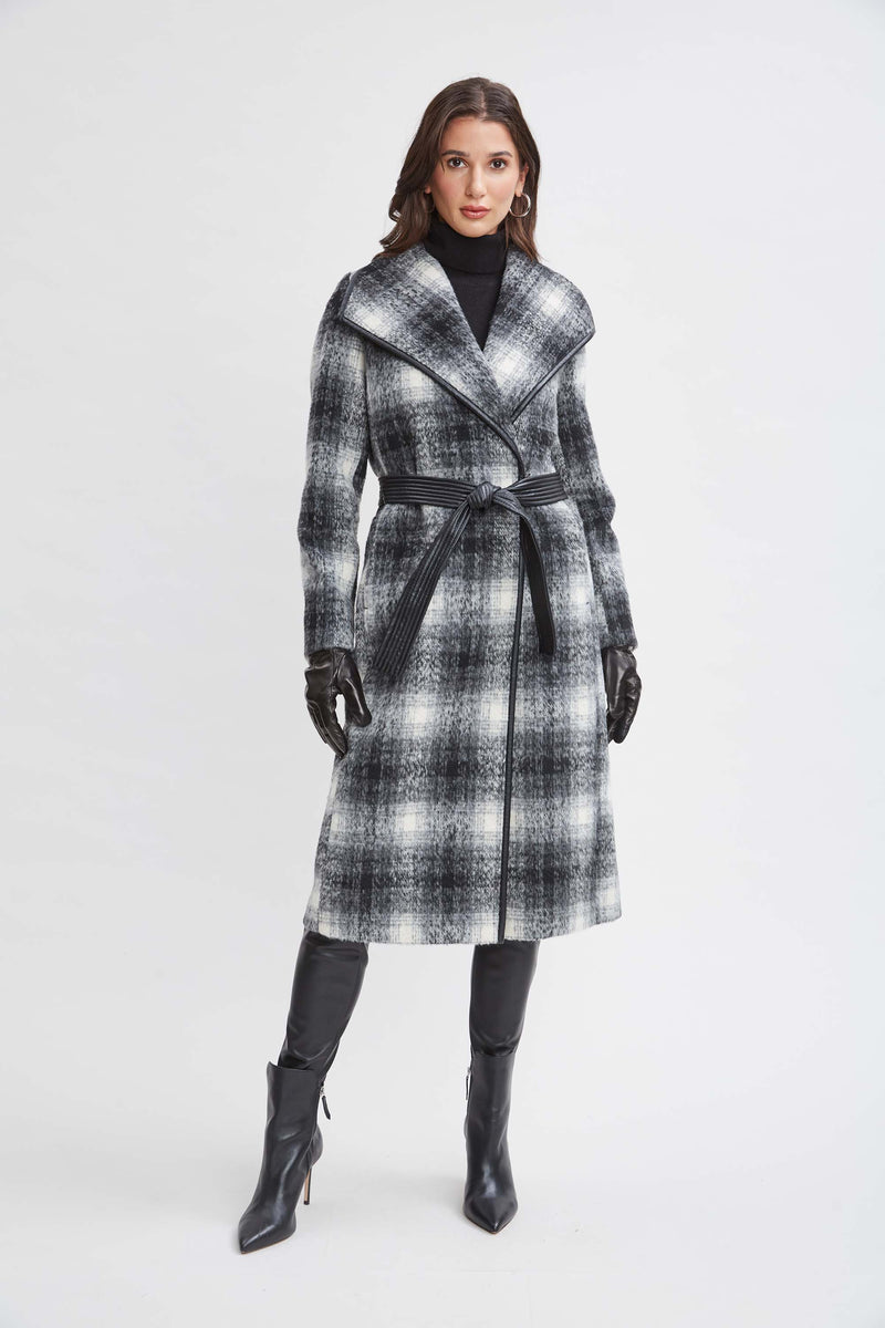 Tahari Plaid Vegan Trim Wrap Coat