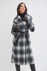 Tahari Plaid Vegan Trim Wrap Coat