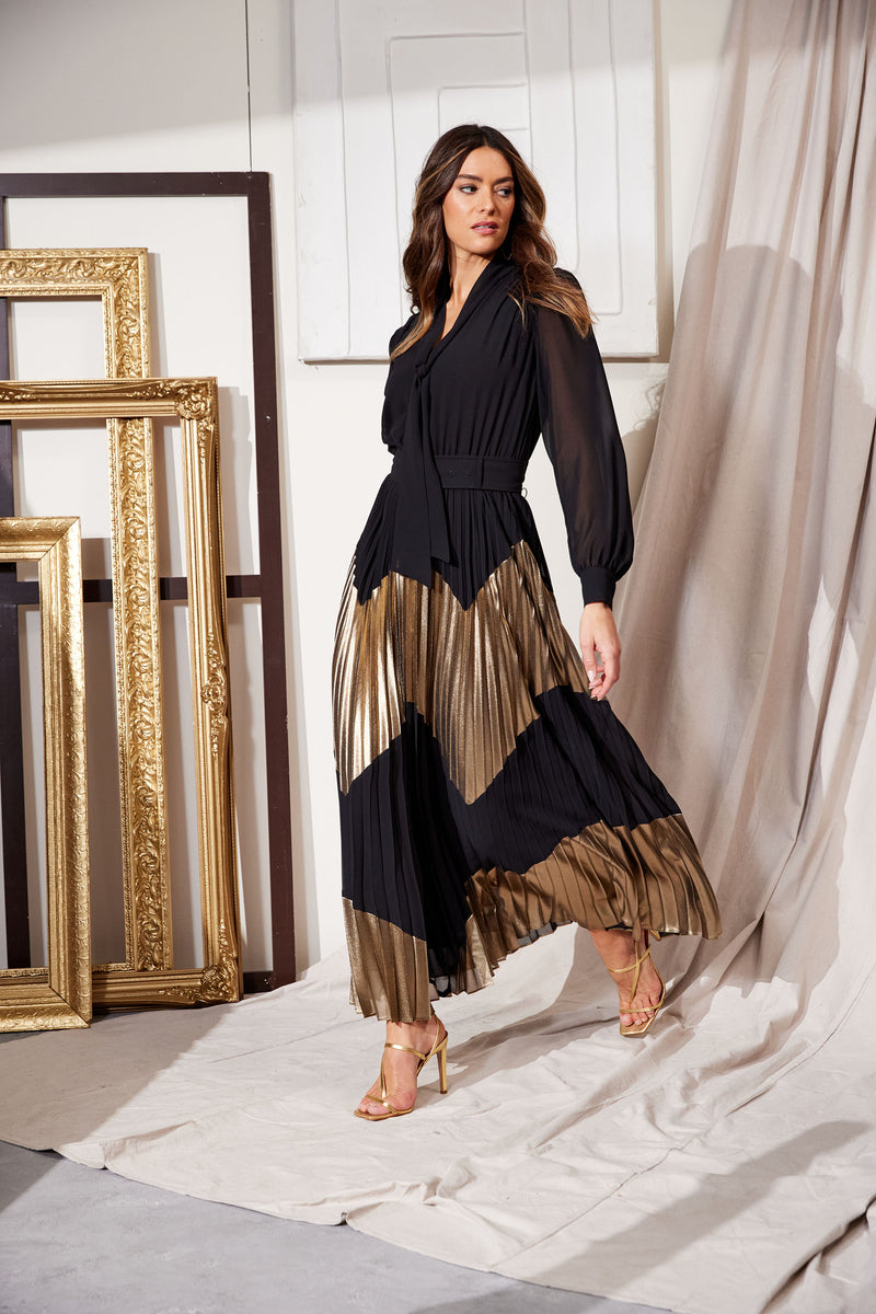 Chiffon Gilded Pleated Maxi Dress