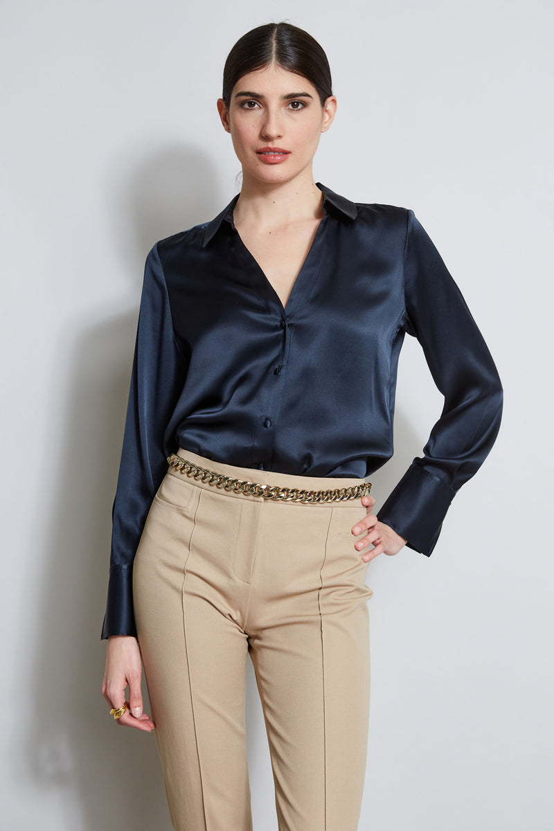 JWZUY Women's Casual Satin Silk Silks Long Sleeve Button Down Shirt Formal  Work Blouse Top Drop Shoulder Solid Color Tops Sky Blue XXL