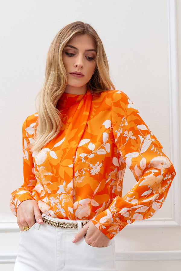 Silk Draped Neck Bloom Shirt