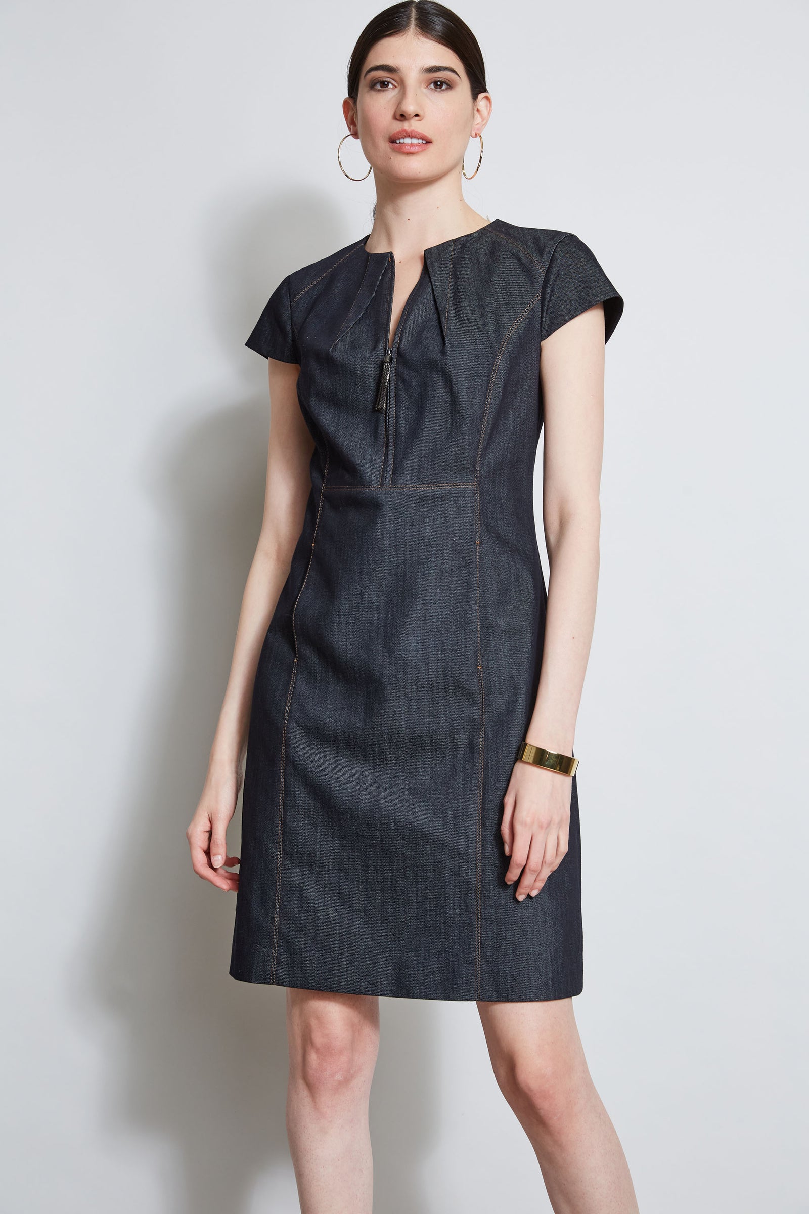 Denim Fit Flare Zip Dress Elie Tahari