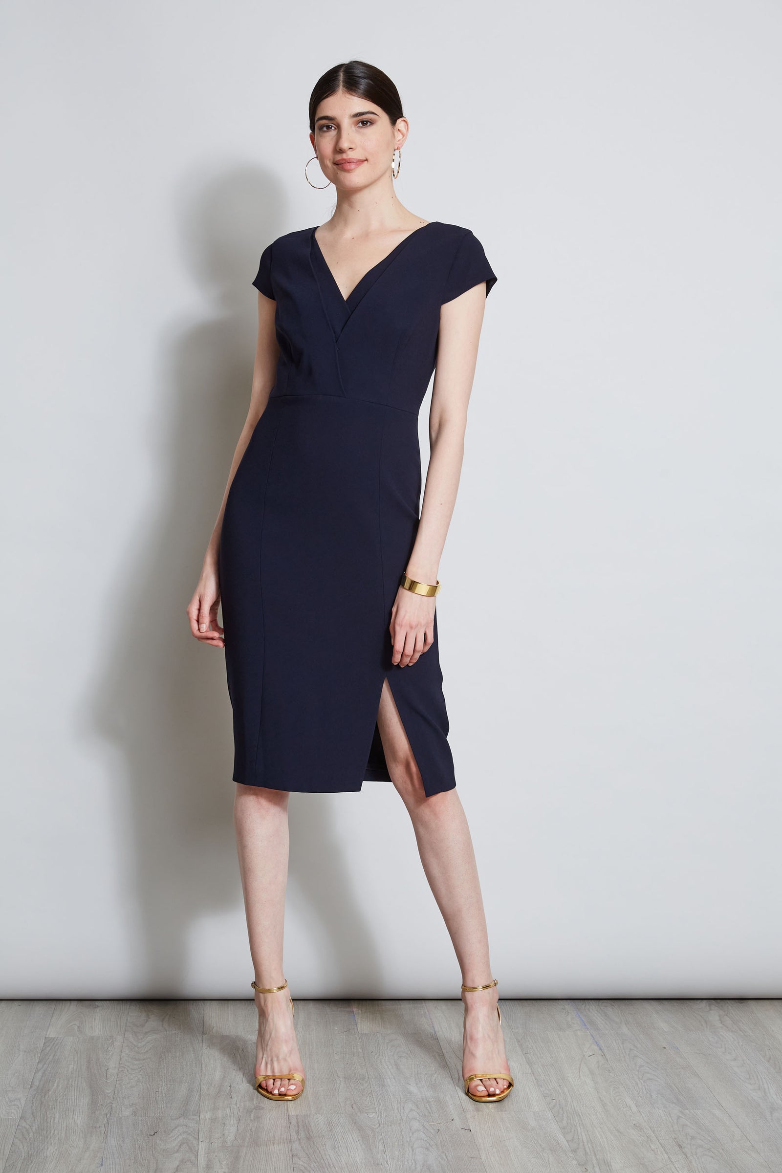 Elie Tahari Pleated V Neck Sheath Dress 10 Blue