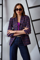 Tweed Ruched Sleeve Double Breasted Blazer