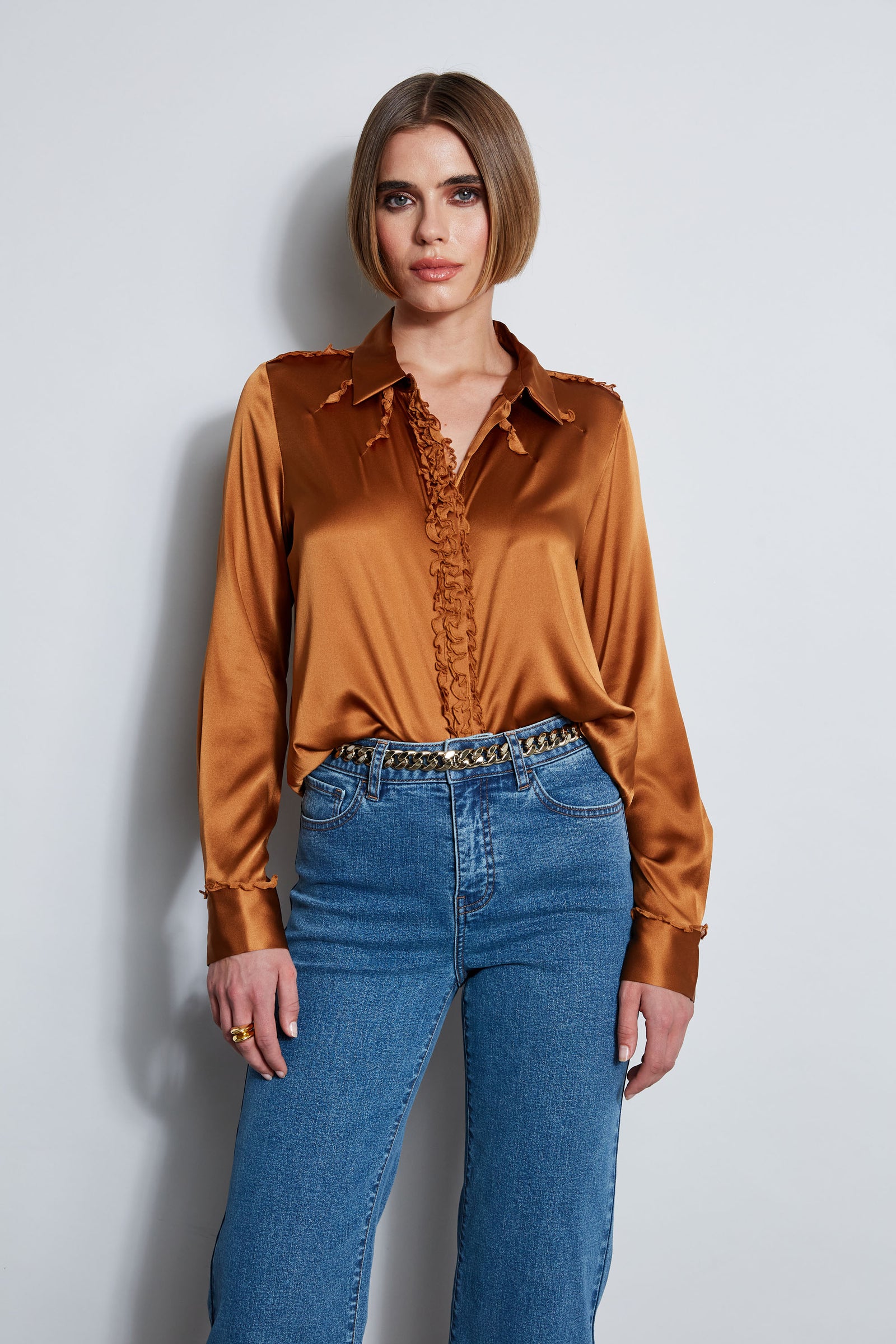 Satin shirt fashion and jeans