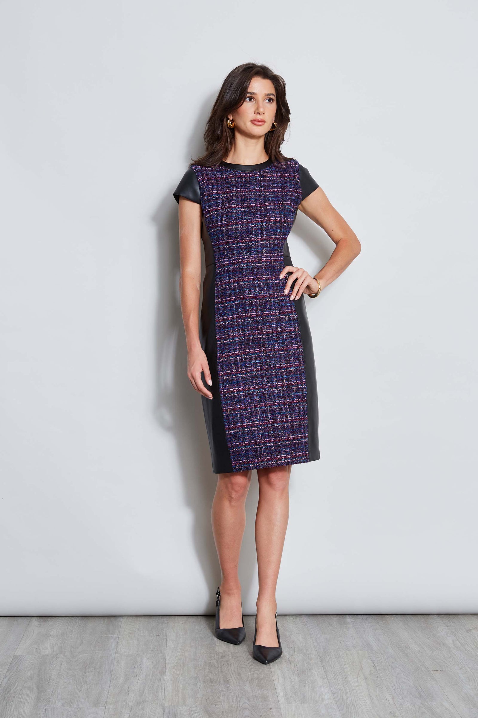 Tweed Vegan Leather Panel Dress Elie Tahari