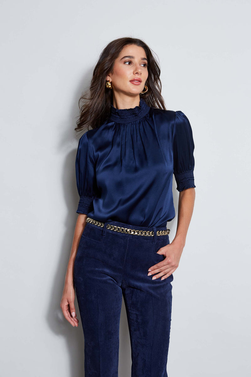 Short Sleeve Silk Satin Smocked Shirt