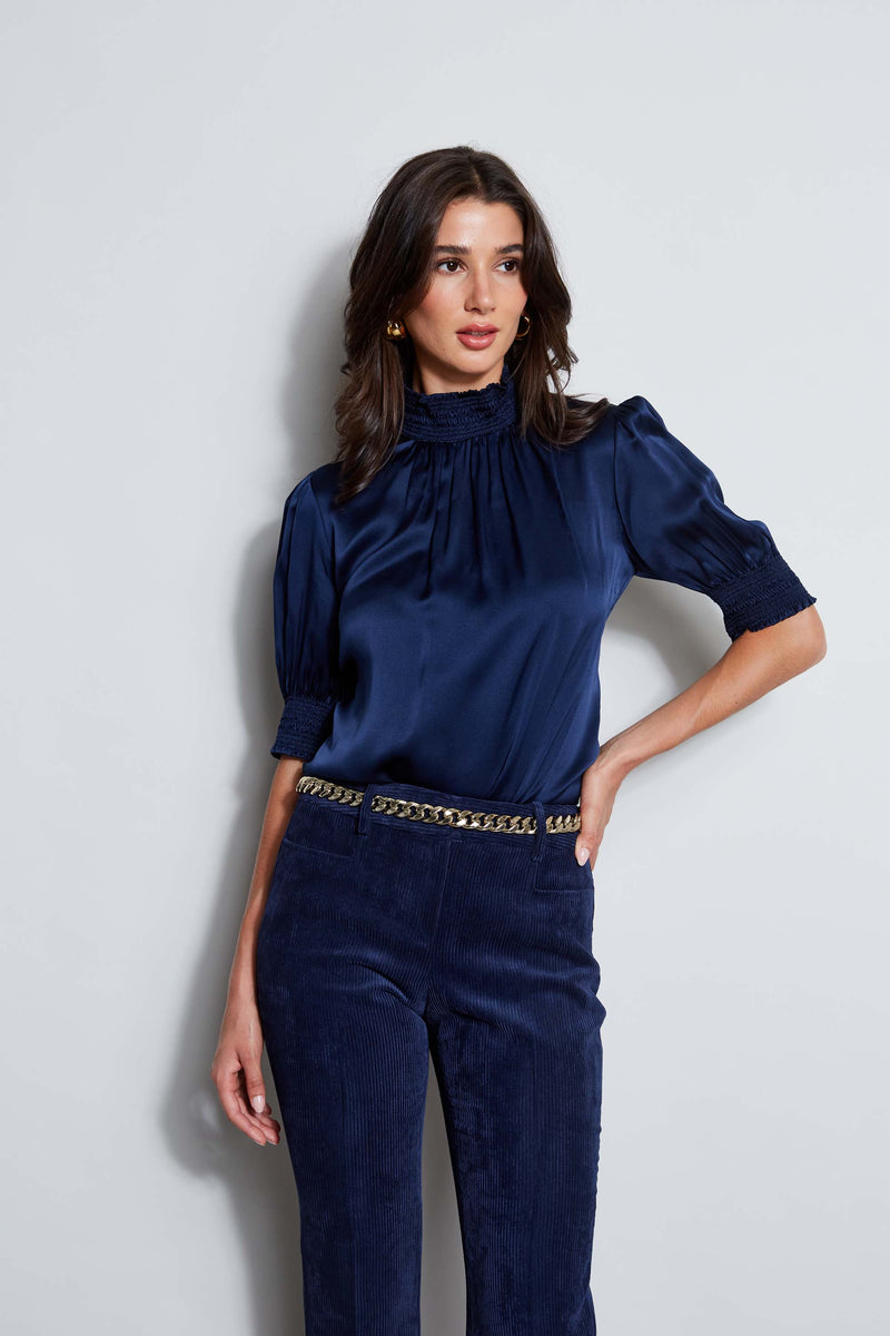 Short Sleeve Silk Satin Smocked Shirt