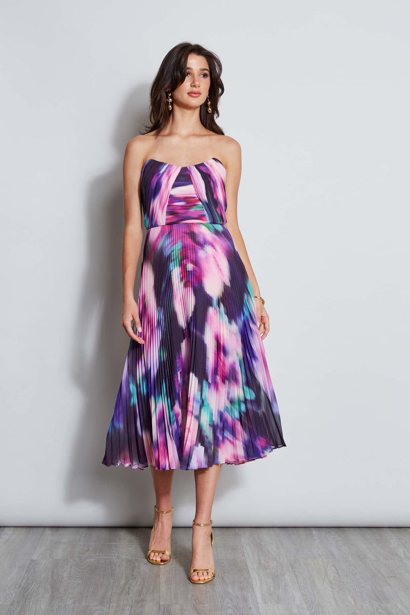 Strapless Pleated Print Midi Dress