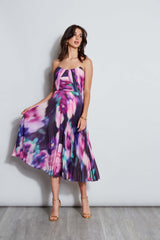 Strapless Pleated Print Midi Dress