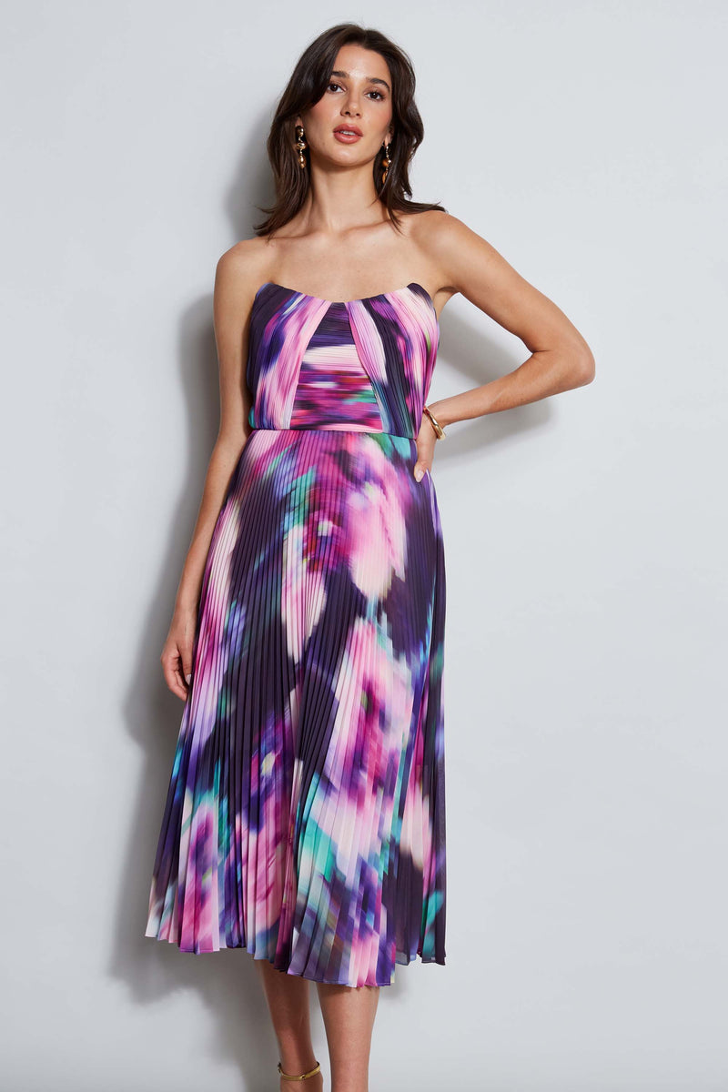 Strapless Pleated Print Midi Dress