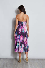 Strapless Pleated Print Midi Dress