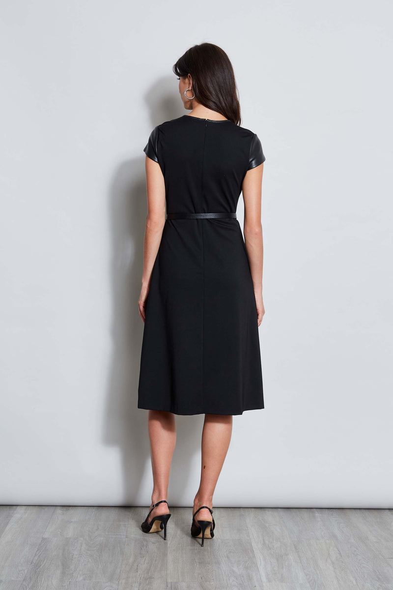 Vegan Leather Short Sleeve Belted Knit Dress