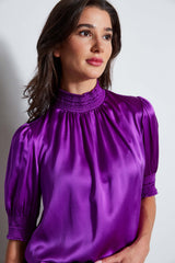 Short Sleeve Silk Satin Smocked Shirt