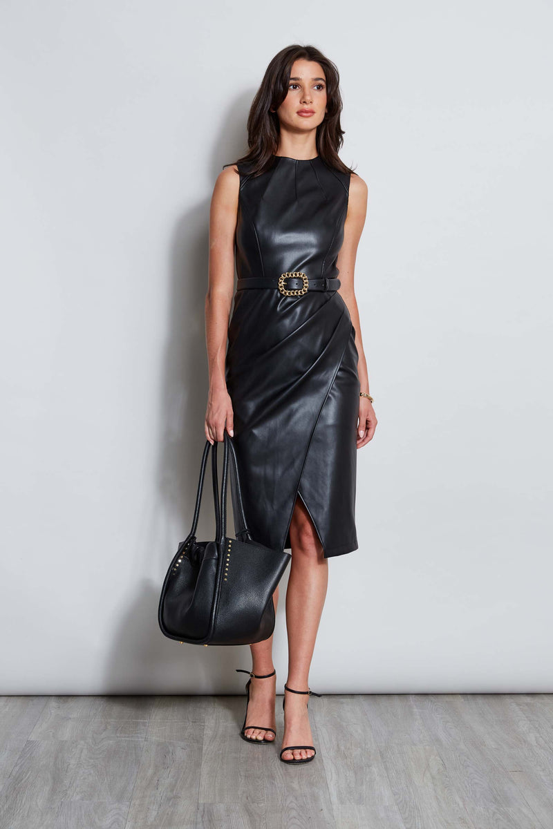 Vegan Leather Dart Wrap Dress