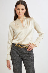 Silk Satin Contour Neck Ruffle Cuff Shirt