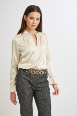 Silk Satin Contour Neck Ruffle Cuff Shirt