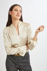 Silk Satin Contour Neck Ruffle Cuff Shirt