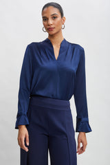 Silk Satin Contour Neck Ruffle Cuff Shirt