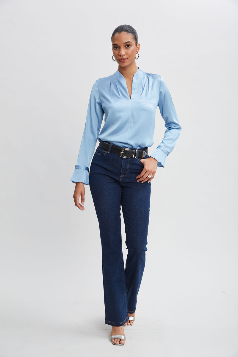 Silk Satin Contour Neck Ruffle Cuff Shirt