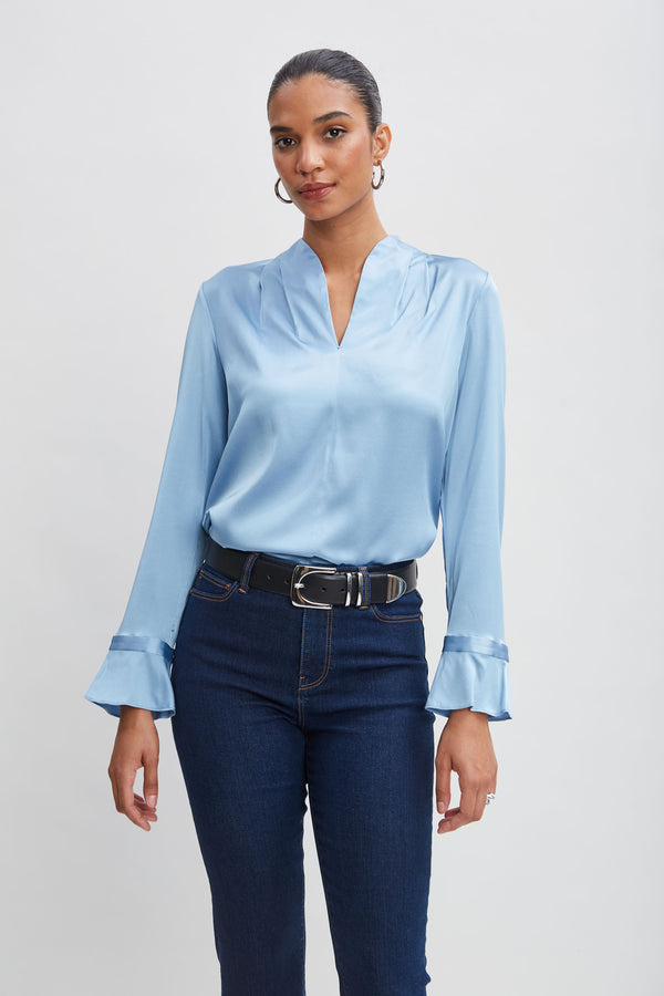 Silk Satin Contour Neck Ruffle Cuff Shirt