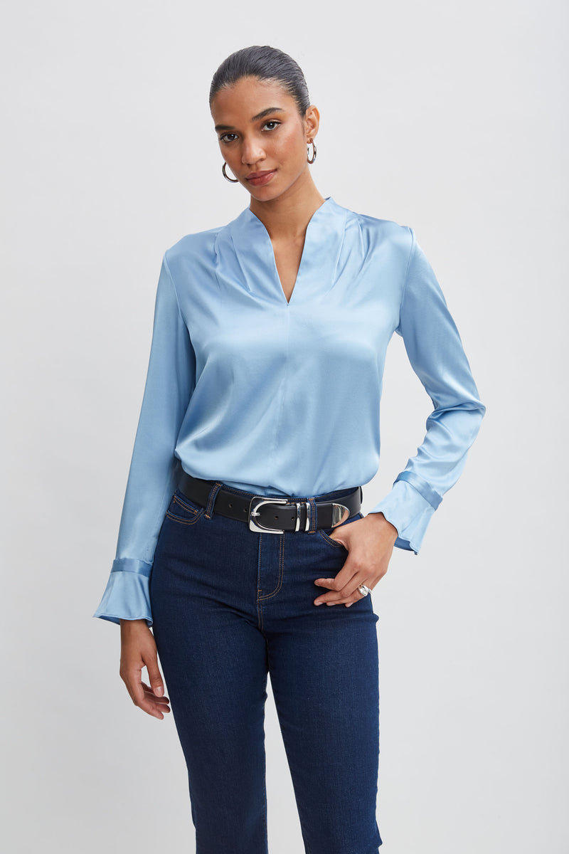 Silk Satin Contour Neck Ruffle Cuff Shirt