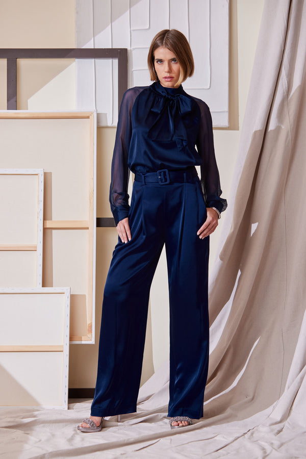 Belted Satin Pleated Pant