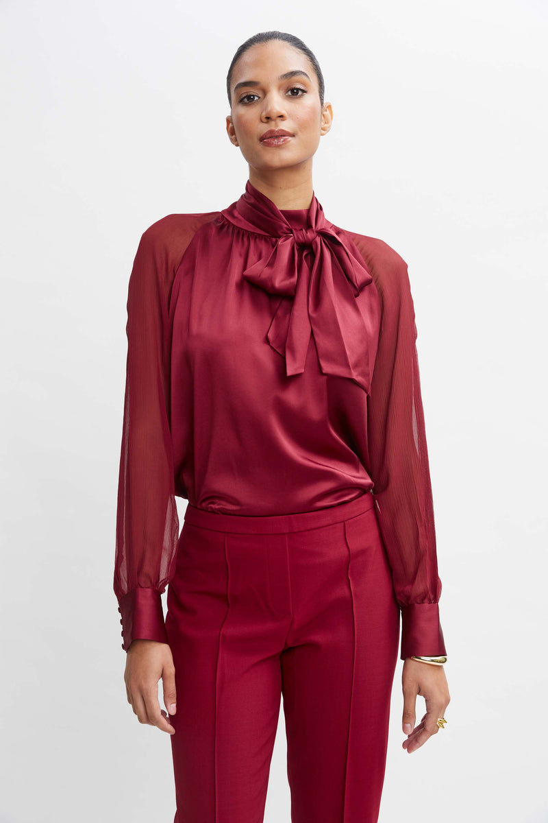 Chiffon Sleeve Silk Satin Tie Shirt