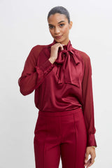 Chiffon Sleeve Silk Satin Tie Shirt