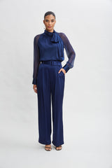 Belted Satin Pleated Pant