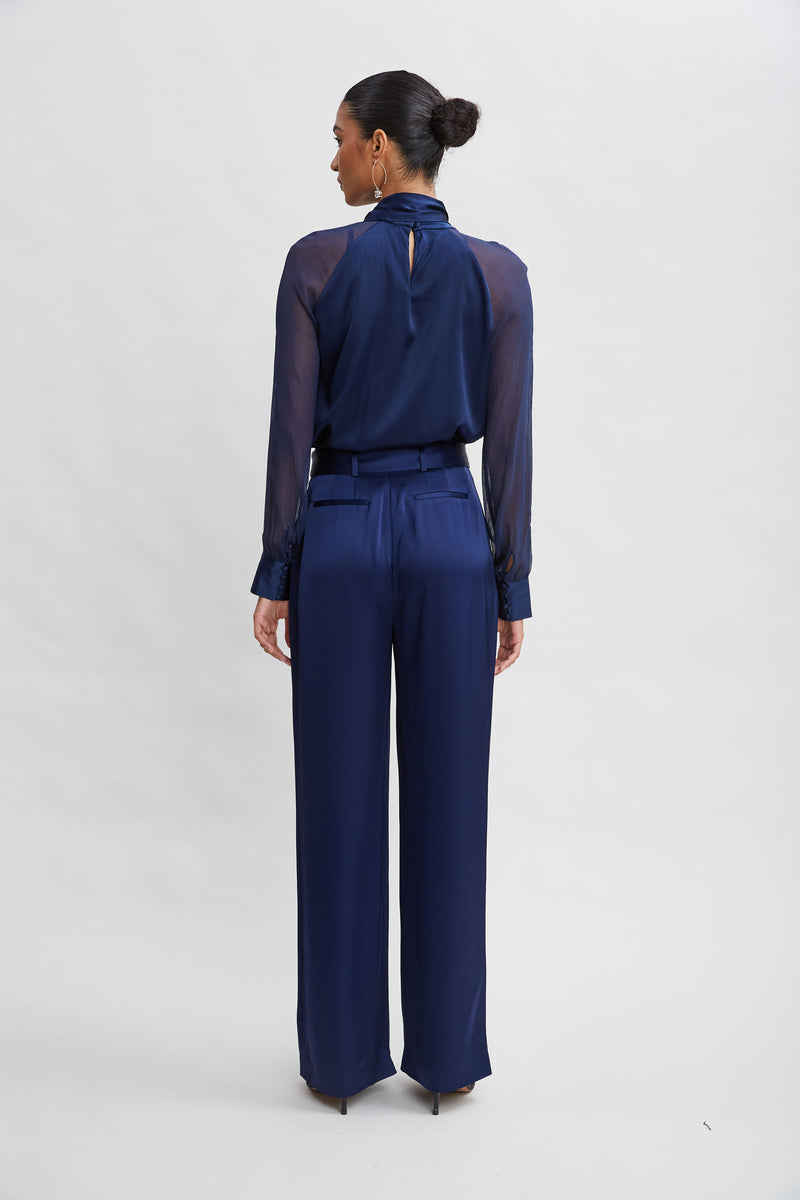 Belted Satin Pleated Pant