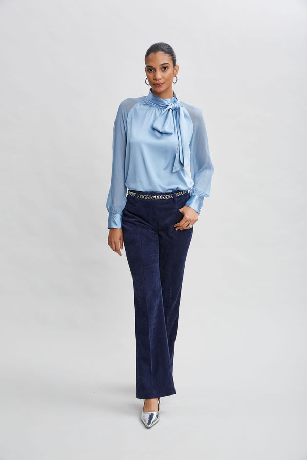 Chiffon Sleeve Silk Satin Tie Shirt