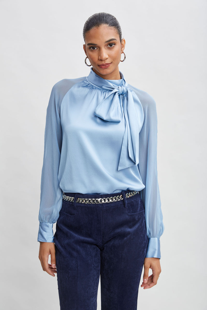 Chiffon Sleeve Silk Satin Tie Shirt