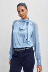 Chiffon Sleeve Silk Satin Tie Shirt