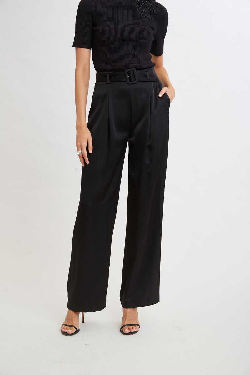 Belted Satin Pleated Pant