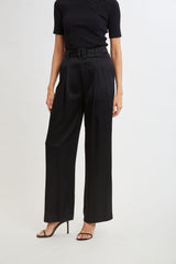 Belted Satin Pleated Pant